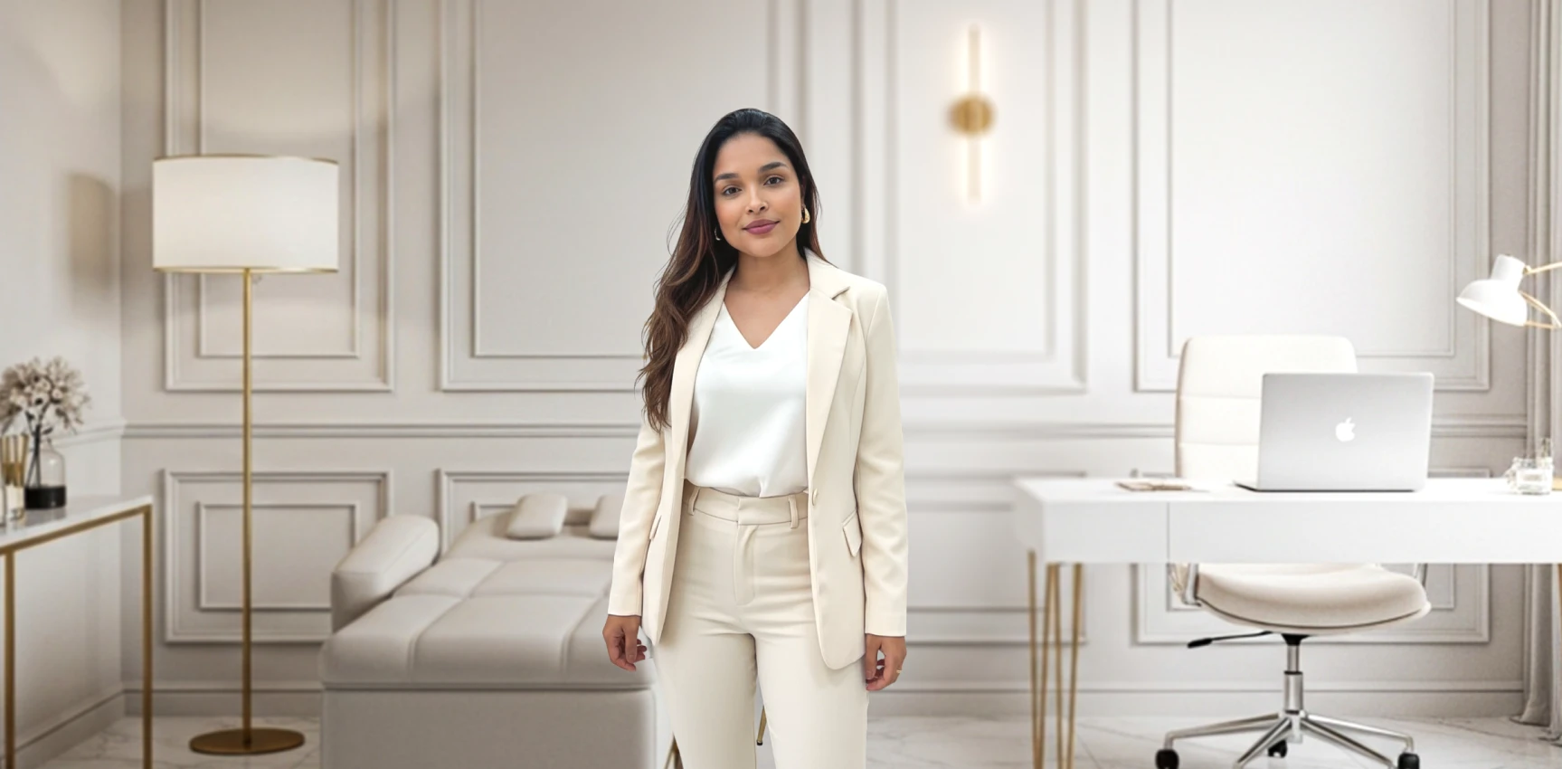 Nutricionista sorridente sentada em poltrona verde, segurando um livro aberto.