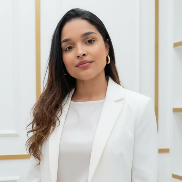 Profissional sorrindo durante videochamada exibida em notebook sobre a mesa.